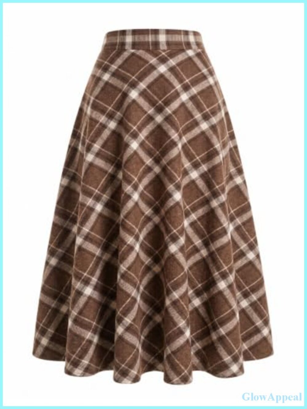 Plaid Wool Blend A-Line Midi Skirt with Pockets Elastic Waist